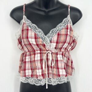 American Eagle Red Plaid Lace Cami